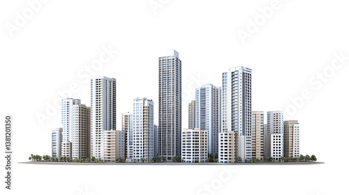 Modern City Buildings Isolated on Transparent Background. Modern Urban Skyline Isolated on Transparent Background.