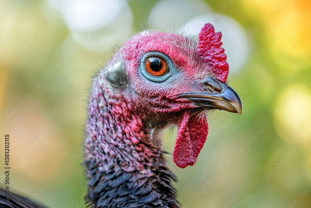 Close-up of colorful turkey head with detailed feathers and vibrant eye