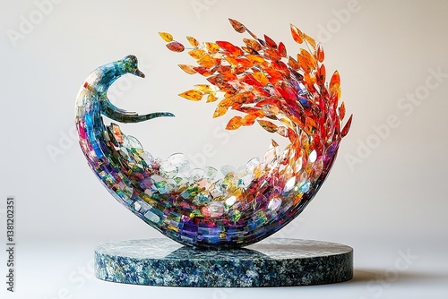 A colorful mosaic sculpture depicting leaves and flowing forms