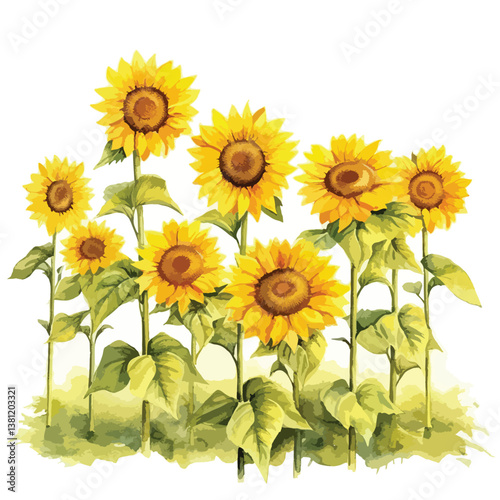 watercolor A field of sunflowers under the bright sun