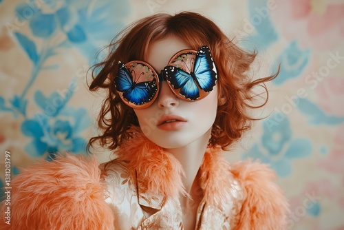 Persephone in Enigmatic Fluffy Silk Suit with Butterfly-Themed Goggles, Spring's Mystery