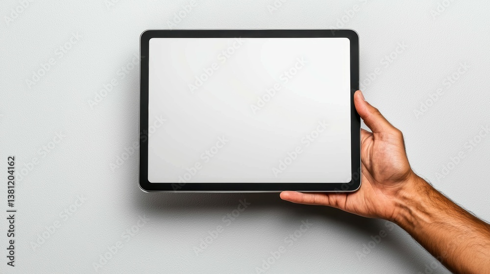 Hand holding tablet on blank background technology showcase minimalist design indoor setting close-up view Hand holding tablet on blank background technology showcase minimalist design indoor setting close-up view