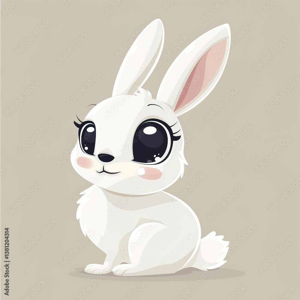 Obraz premium Sweet cartoon bunny with big eyes and pink nose sitting on soft gray background