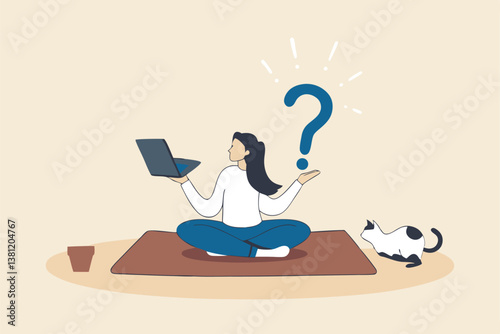 Solve problem, contemplation or relaxation help find solution, focus or calm mindfulness to get answer, understanding or brainstorming concept, businesswoman lotus meditate to solve work problem.