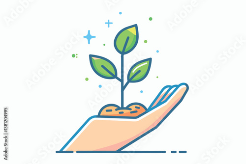 Man's hand with the sprout of the plant and the earth. Flat style.	
