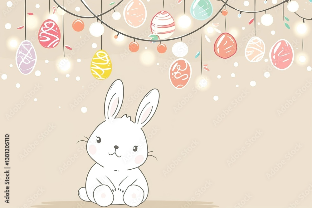 Obraz premium Minimalist cartoon bunny with pastel hanging Easter eggs and festive string lights