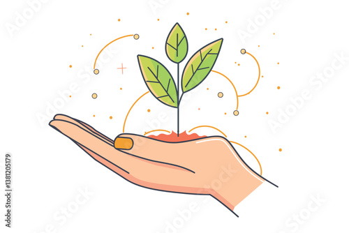 Man's hand with the sprout of the plant and the earth. Flat style.	
