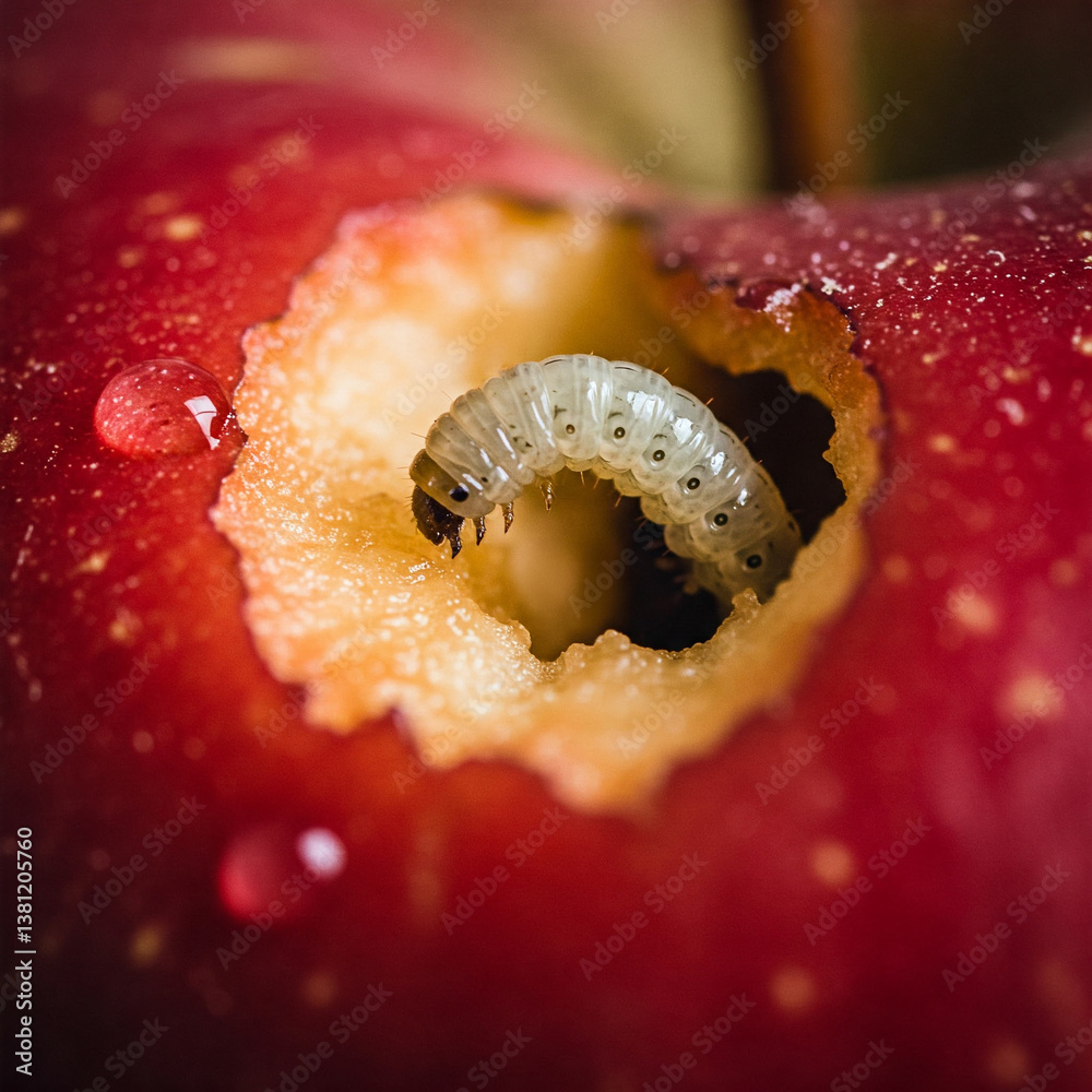 A worm coming out of the hole of an apple