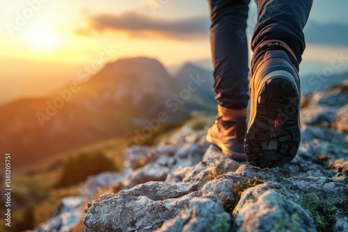 Hiking adventure at sunrise: close-up of booted feet on rocky mountain trail