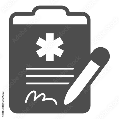 Experiment agreement document and pen solid icon, healthcare concept. Vector graphics. Clipboard for medical test sign on white background, glyph style icon for mobile or web design.