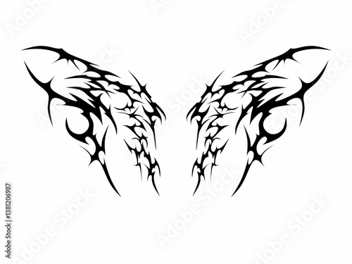 Cyber sigilism Neo tribal gothic style tattoo streetwear intricate symmetrical wings design vector isolated on white background