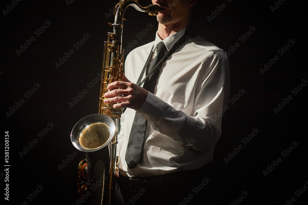 Obraz premium Cropped shot of male musician dressed in formal white shirt and black tie pushing keys of shiny saxophone with nimble fingers creating enchanting jazz music in hard stage light, copy space
