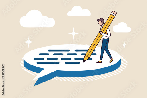 Written communication, writing email skill to success, communicate with text or message, understanding or effective handwriting manuscript concept, businessman writing message on speech bubble.
