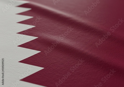 Qatar Flag Close-up on Waving Qatari National Symbol, Maroon and White, Fabric Texture, State Emblem, Middle East, Patriotic Design.