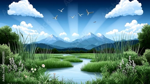 Serene Mountain River Landscape.