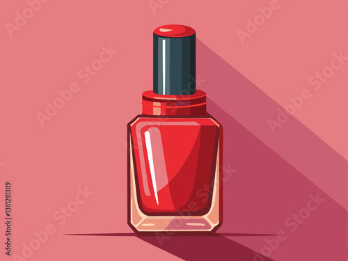 A high-quality vector of a bottle of red nail polish with a glossy finish, set against a warm muted pink background
