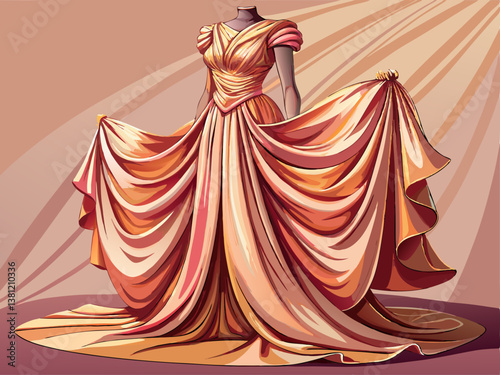 A luxurious silk dress in warm rose gold with elegant drapes, set against a soft dusty pink background