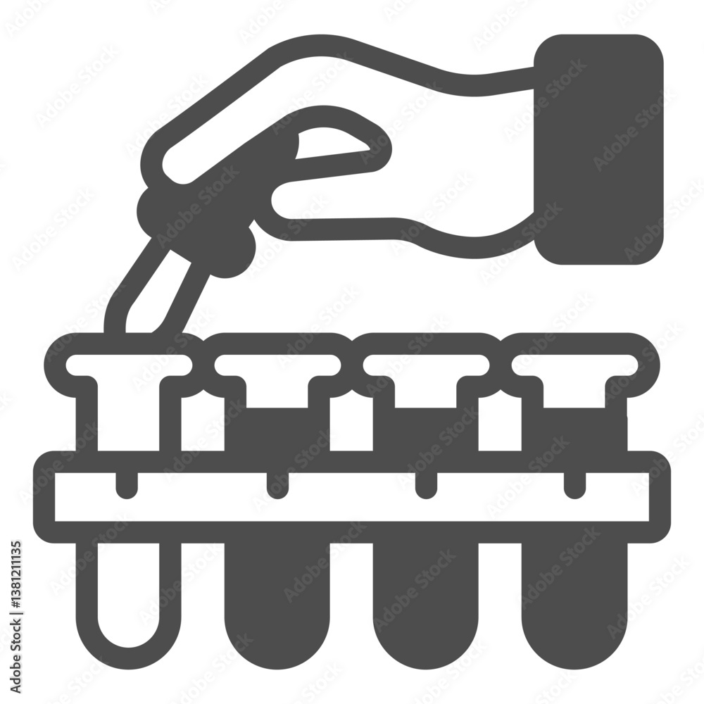 Flasks and hand with pipette solid icon, pharmacy concept. Vector graphics. Medical experiment and test, lab sign on white background, glyph style icon for mobile or web design. Flasks and hand with pipette solid icon, pharmacy concept. Vector graphics. Medical experiment and test, lab sign on white background, glyph style icon for mobile or web design.