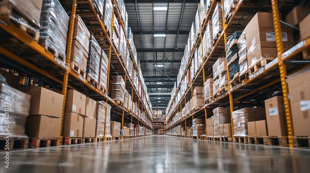 Fototapeta premium Warehouse Shelves Filled with Boxes Representing Retail Stock Turnover