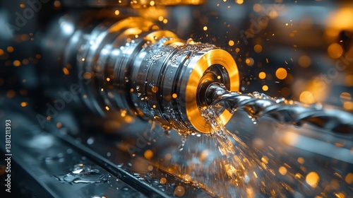 Metalworking drill precision cutting with liquid, sparks, and shiny, clean metal textures