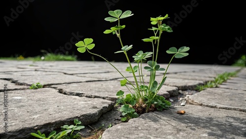 Resilient green clover growing defiantly through cracked stone pavement in daylight, symbol of persistence and renewal against a dark contrasting background