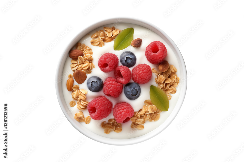 Overhead view of yogurt bowl with raspberries blueberries granola and almond slices on white background on transparent background png Overhead view of yogurt bowl with raspberries blueberries granola and almond slices on white background on transparent background png