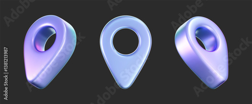 3D holographic location pin icons with iridescent and neon effects. Isolated on a dark background. Render of a geolocation pointer with a rainbow gradient. Perfect for GPS app, digital map. 3D vector