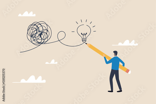 Creativity to solve problem, solution from trouble or difficulty, simplify idea from messy chaos problem, business skill solve complex obstacle concept, business man draw lightbulb from messy knot.