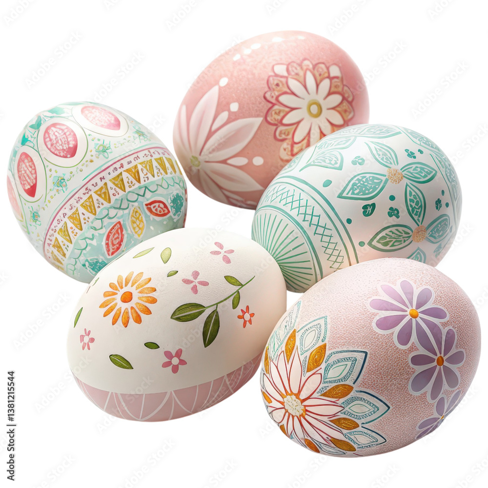 Fototapeta premium Beautifully Painted Easter Eggs with Pastel Patterns Isolated on White
