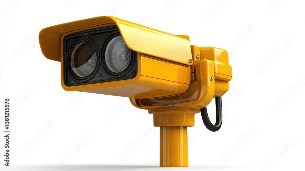 Hightech yellow security camera on white background, enhanced surveillance and safety