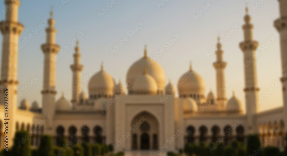Obraz premium A serene golden-hour view of a majestic mosque, radiating peace and tranquility with soft, blurred details.