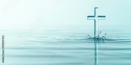 Сross symbol in water with splash. Clean water droplets with Christian symbol. Creative concept of Christian baptism in holy water