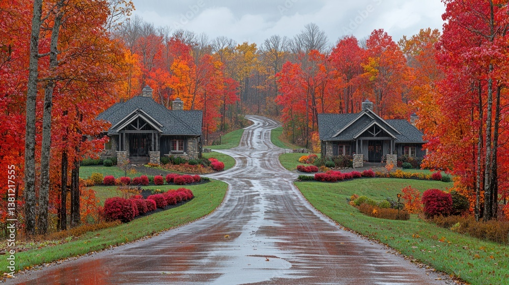 Obraz premium Autumnal Haven: A Picturesque Drive Through Vibrant Fall Foliage