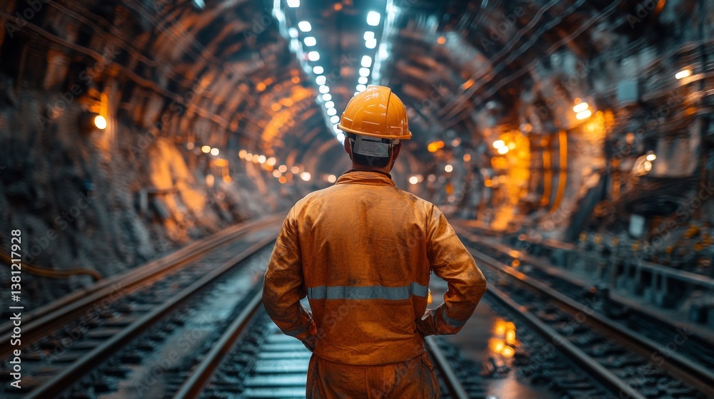 Fototapeta premium A worker in an orange uniform and hard hat observes the dark, lit tunnel in a mining operation. The atmosphere reflects a modern excavation site focused on mineral extraction and safety measures.