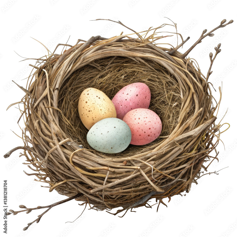 Small Bird’s Nest with Pastel Easter Eggs Isolated on White