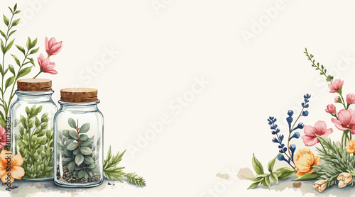 *Vintage Herb Jar Watercolor Background – Muted Earthy Tones with Whimsical Dried Botanicals & Copy Space*  