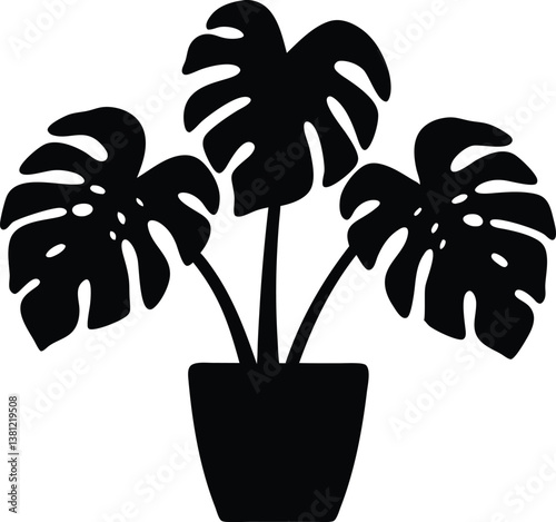 Monstera deliciosa plant in pot silhouette vector,Monstera deliciosa plant vector