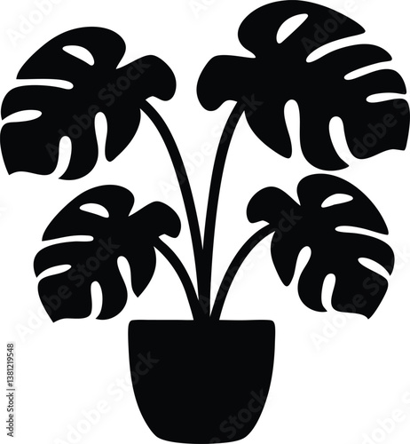 Monstera deliciosa plant in pot silhouette vector,Monstera deliciosa plant vector