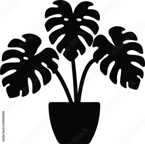 Monstera deliciosa plant in pot silhouette vector,Monstera deliciosa plant vector