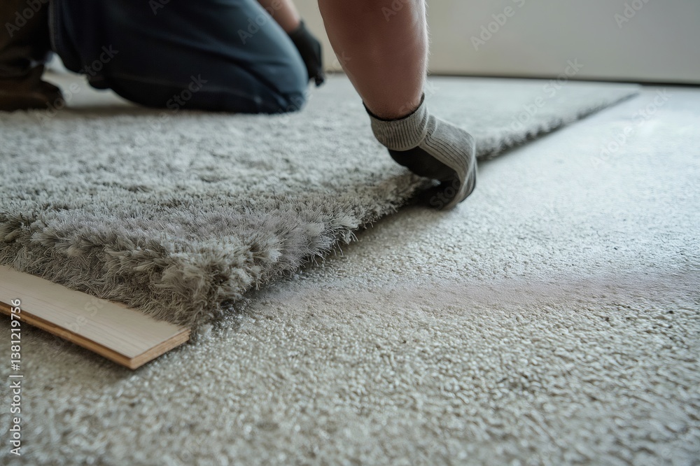 Worker replacing old carpeting with sleek laminate flooring during renovation work in a residential home, enhancing interior design and comfort
