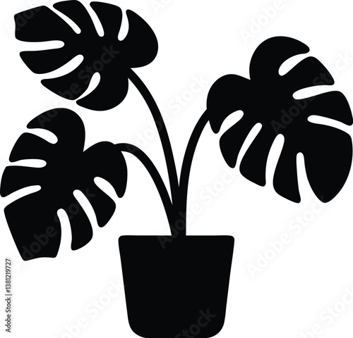 Monstera deliciosa plant in pot silhouette vector,Monstera deliciosa plant vector