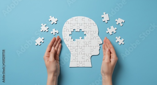Hands holding brain with puzzle paper cutout, autism, memory loss, dementia, epilepsy and alzheimer awareness, world mental health day, world Parkinson day concept