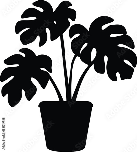 Monstera deliciosa plant in pot silhouette vector,Monstera deliciosa plant vector