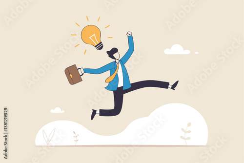Get new business idea, think or brainstorming for solution, creativity or invention, brilliant idea discovery, intelligence or wisdom to drive success concept, businessman jump lightbulb idea head.