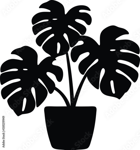 Monstera deliciosa plant in pot silhouette vector,Monstera deliciosa plant vector