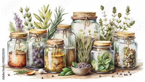 *Vintage Herb Jar Watercolor Background – Muted Earthy Tones with Whimsical Dried Botanicals & Copy Space*  