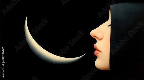Crescent moon embodied in the serene visage of a woman against a deep black backdrop