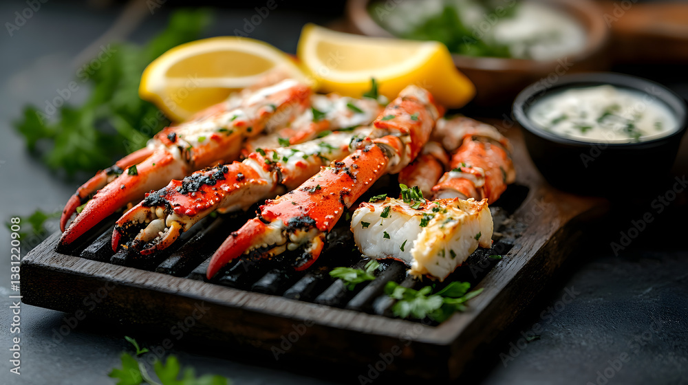Grilled crab legs served with lemon wedges and a garlic butter dipping sauce on the side. Grilled crab legs served with lemon wedges and a garlic butter dipping sauce on the side.
