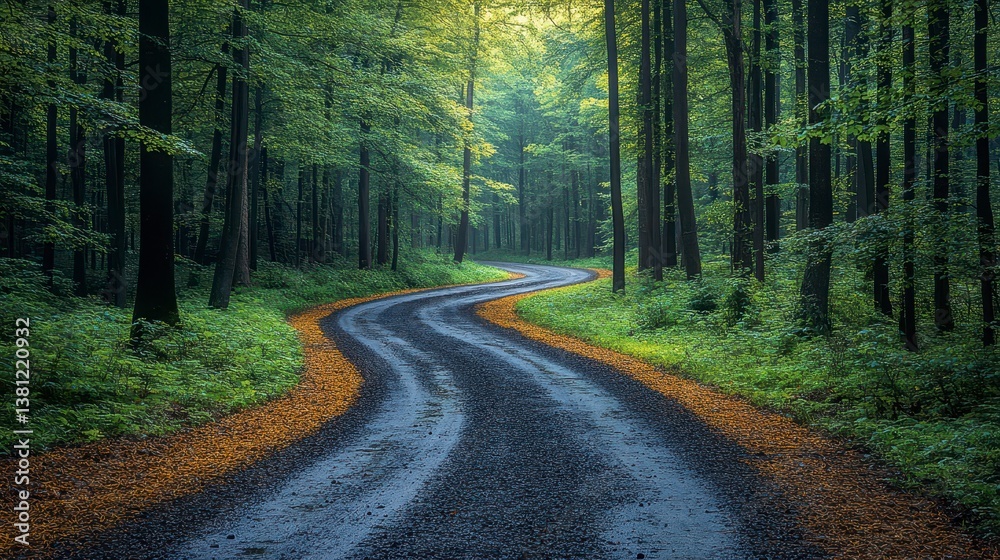 Fototapeta premium Winding road through vibrant green forest with sunlight filtering through trees