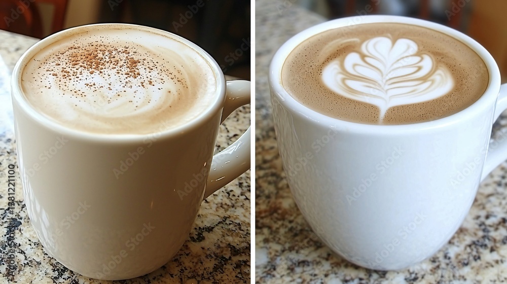 Two steaming cups one sprinkled, the other with latte art, resting on a granite surface Two steaming cups one sprinkled, the other with latte art, resting on a granite surface